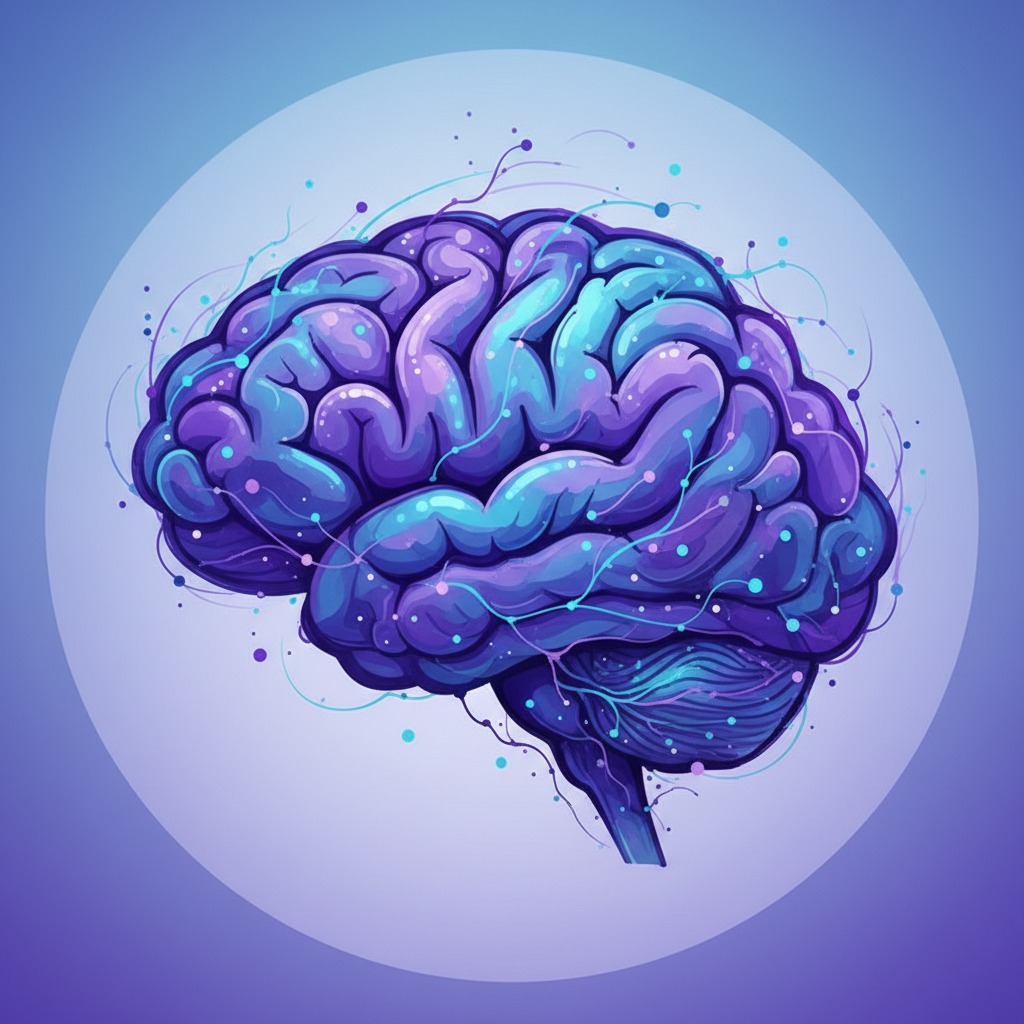 Abstract artistic brain illustration. Deep purples, blues, and flowing neural network shapes. Dreamlike, painterly, modern. No text. Clean composition suitable for a logo.